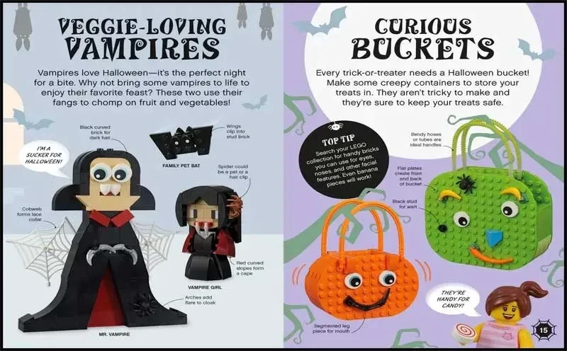 Two-page LEGO book featuring VEGGIE-LOVING VAMPIRES and CURIOUS BUCKETS
